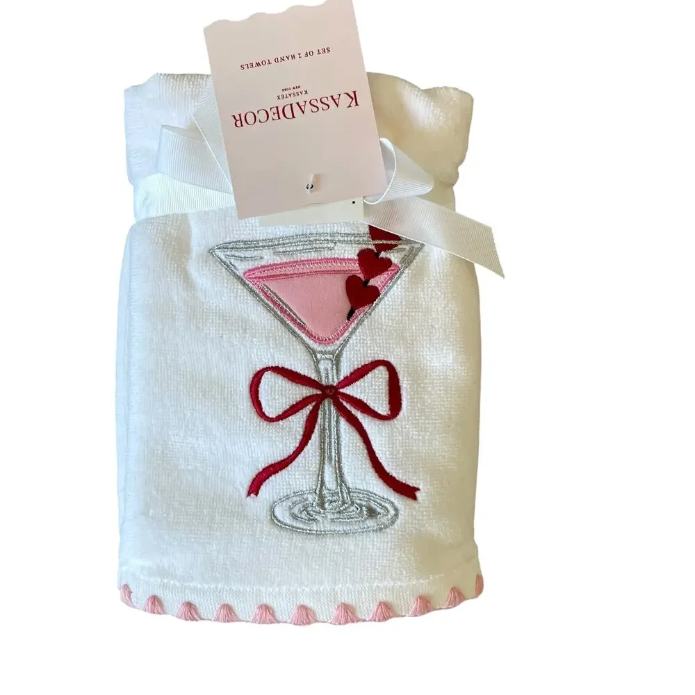Kassadecor Pink Martini Valentine Hand Towels 18x28 Cotton Set of 2 Red Bow NEW